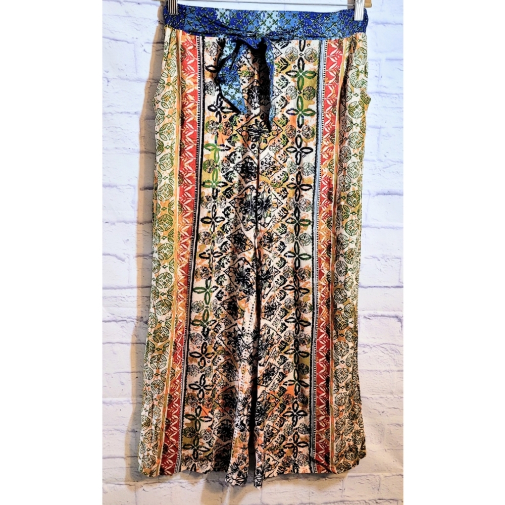 Nostalgia Boho Wide Leg Pants Tie Front Pockets Women's Size M Flowy Colorful